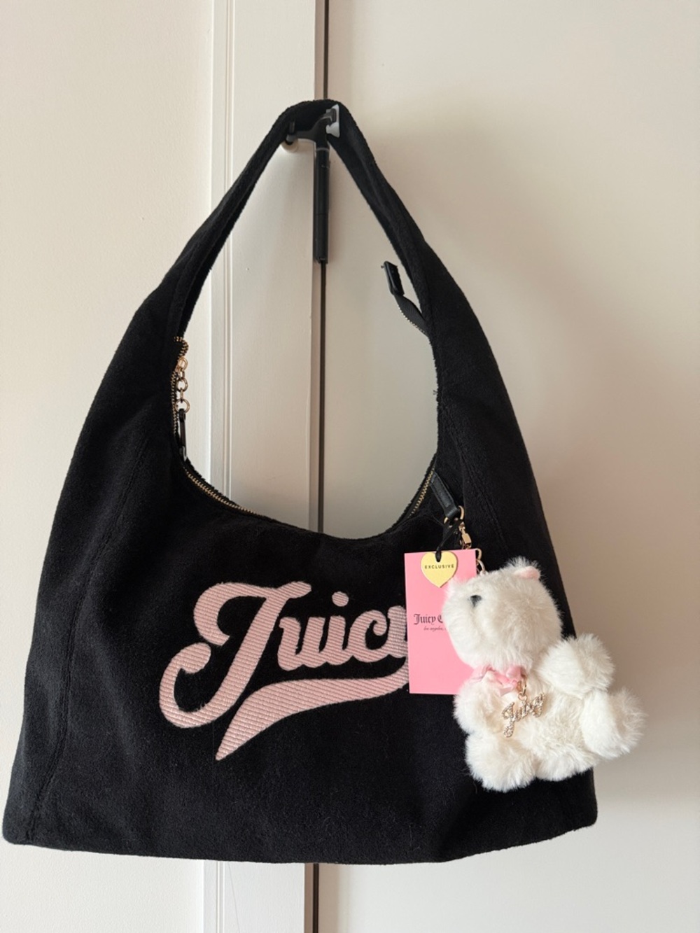Juicy Couture Too Cute Hobo with Pink Script Logo & Teddy Keychain
